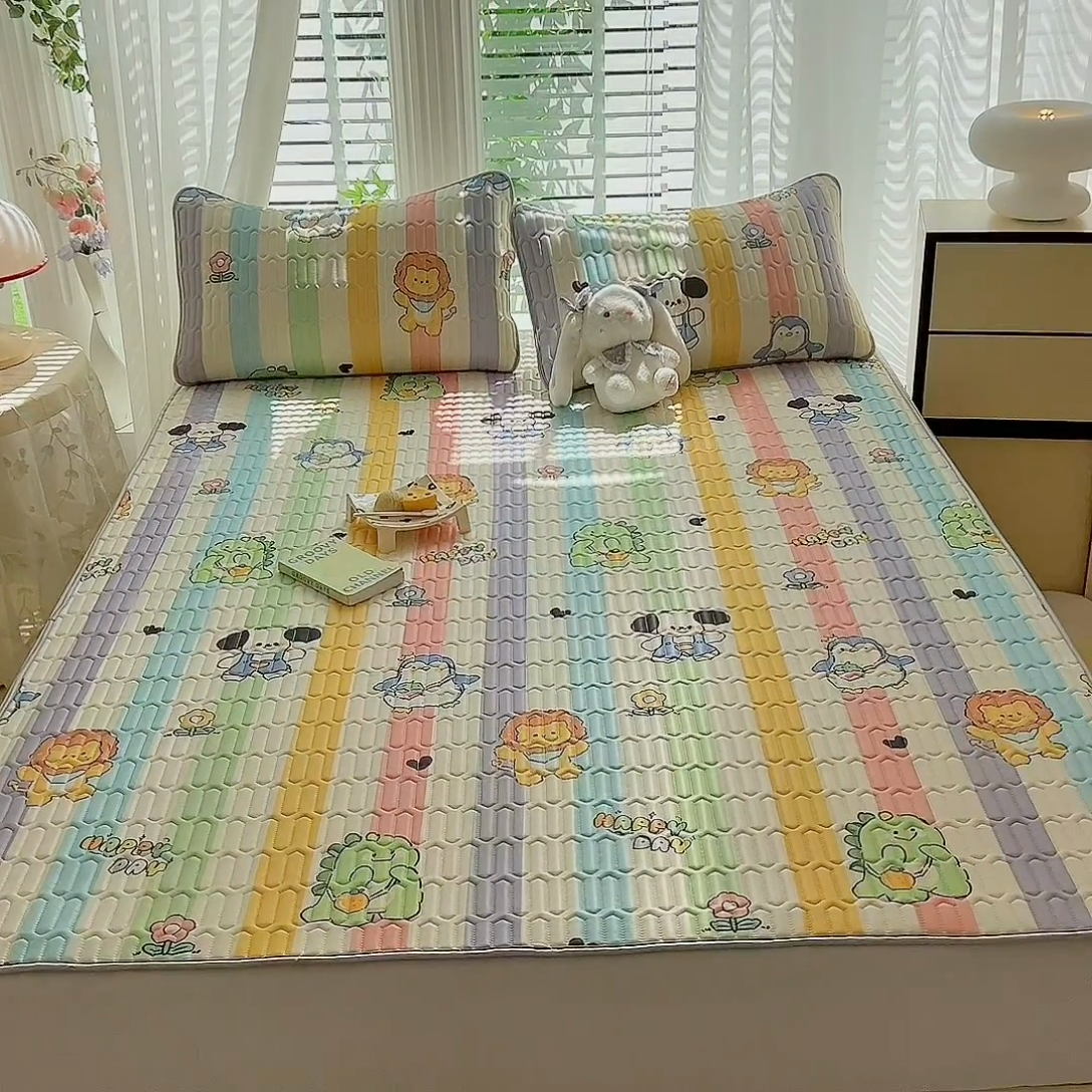 91家纺网 家纺一手货源 找家纺 佳梦达 新款0.4厚度纯色凉感丝乳胶凉席三件套（风格二） 彩虹吖