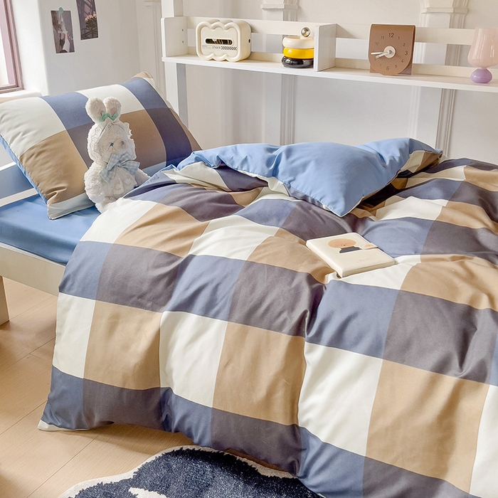 91家纺网 家纺一手货源 找家纺 楠沐家纺 2025新款无印风亲肤柔软水洗棉磨毛学生床四件套 蓝大格