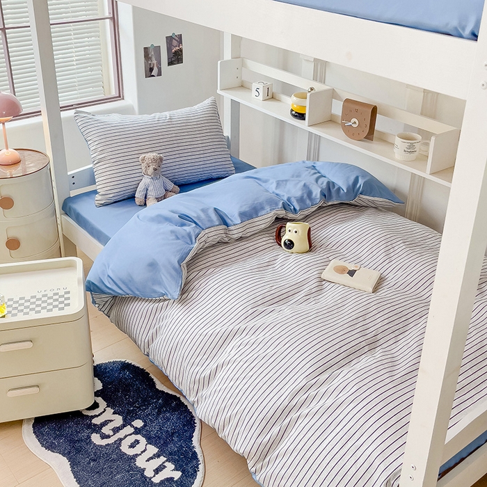 91家纺网 家纺一手货源 找家纺 楠沐家纺 2025新款无印风亲肤柔软水洗棉磨毛学生床四件套 白条蓝