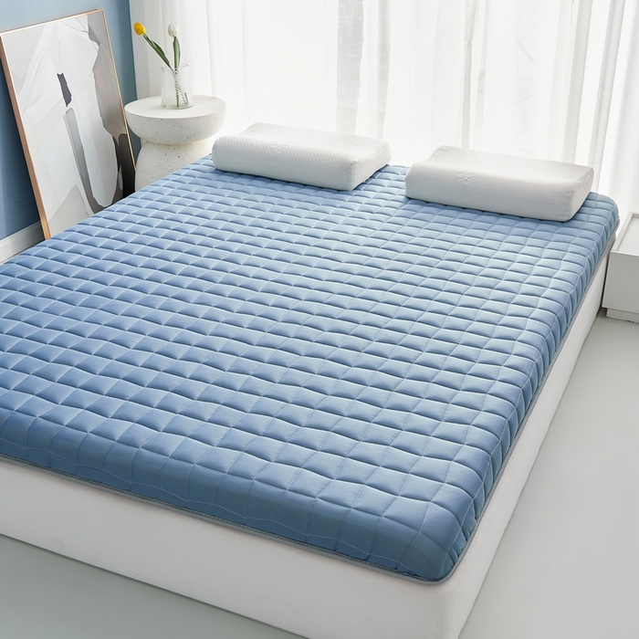 91家纺网 家纺一手货源 找家纺 祁恋婷家居 2024新款牛奶丝乳胶记忆棉床垫【床垫遮盖物】 格子蓝