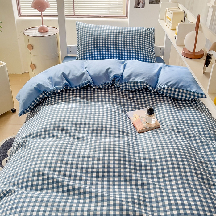 91家纺网 家纺一手货源 找家纺 楠沐家纺 2025新款无印风亲肤柔软水洗棉磨毛学生床四件套 蓝小格