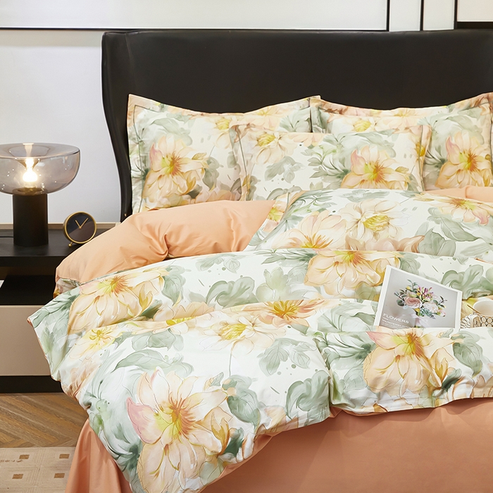 91家纺网 家纺一手货源 找家纺 雲归梦 2024新款全棉铂金棉数码印花四件套花的旅途 桔