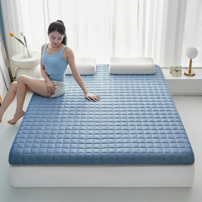 91家纺网 家纺一手货源 找家纺 祁恋婷家居 2024新款牛奶丝乳胶记忆棉床垫【床垫遮盖物】 格子蓝