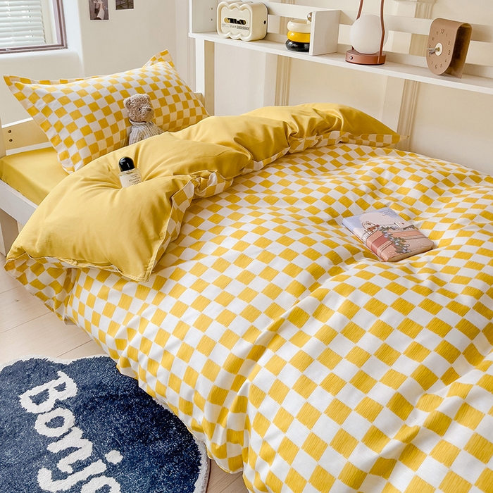 91家纺网 家纺一手货源 找家纺 楠沐家纺 2025新款无印风亲肤柔软水洗棉磨毛学生床四件套 棋盘格黄