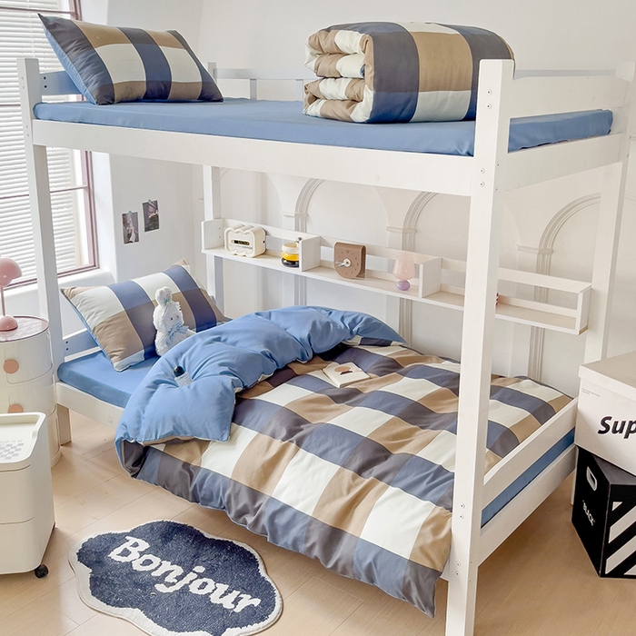 91家纺网 家纺一手货源 找家纺 楠沐家纺 2025新款无印风亲肤柔软水洗棉磨毛学生床四件套 蓝大格