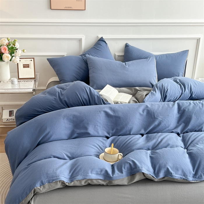 91家纺网 家纺一手货源 找家纺 多品家纺 2024年春夏新品全棉双拼纯色无印风四件套 卡布里蓝