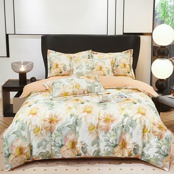 91家纺网 家纺一手货源 找家纺 雲归梦 2024新款全棉铂金棉数码印花四件套花的旅途 桔