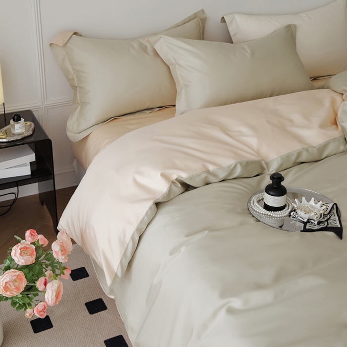 91家纺网 家纺一手货源 找家纺 新款绵柔软糯长绒棉拼色四件套 芝士奶咖