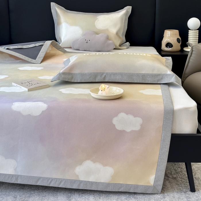 91家纺网 家纺一手货源 找家纺 JUICY 橘滋家纺 2024新款A类数码印花抑菌冰丝床席款床笠款软凉席套件 炫彩云朵（平席款）