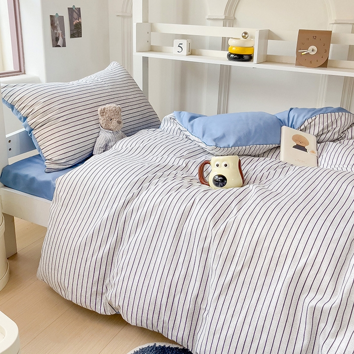 91家纺网 家纺一手货源 找家纺 楠沐家纺 2025新款无印风亲肤柔软水洗棉磨毛学生床四件套 白条蓝