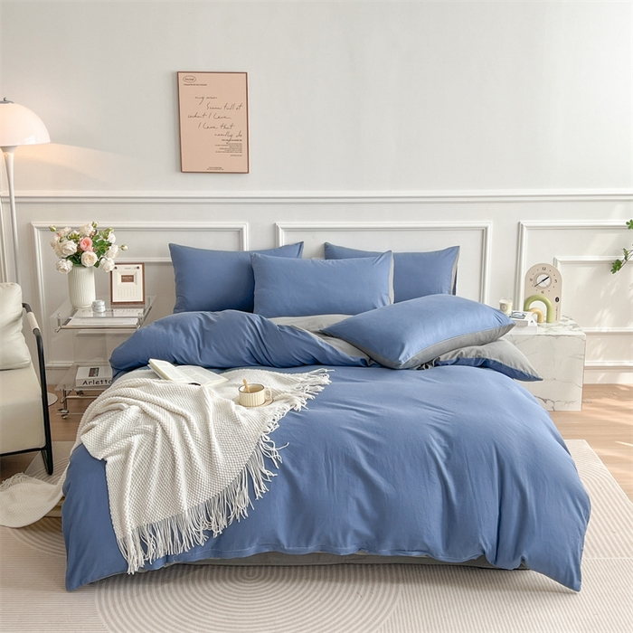 91家纺网 家纺一手货源 找家纺 多品家纺 2024年春夏新品全棉双拼纯色无印风四件套 卡布里蓝