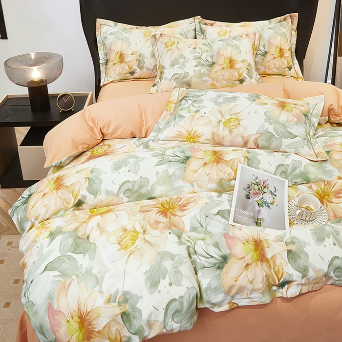 91家纺网 家纺一手货源 找家纺 雲归梦 2024新款全棉铂金棉数码印花四件套花的旅途 桔