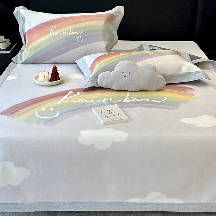 91家纺网 家纺一手货源 找家纺 JUICY 橘滋家纺 2024新款A类数码印花抑菌冰丝床席款床笠款软凉席套件 微笑彩虹（平席款）