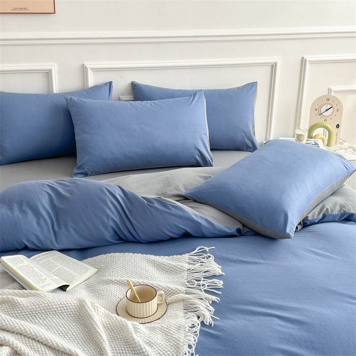 91家纺网 家纺一手货源 找家纺 多品家纺 2024年春夏新品全棉双拼纯色无印风四件套 卡布里蓝