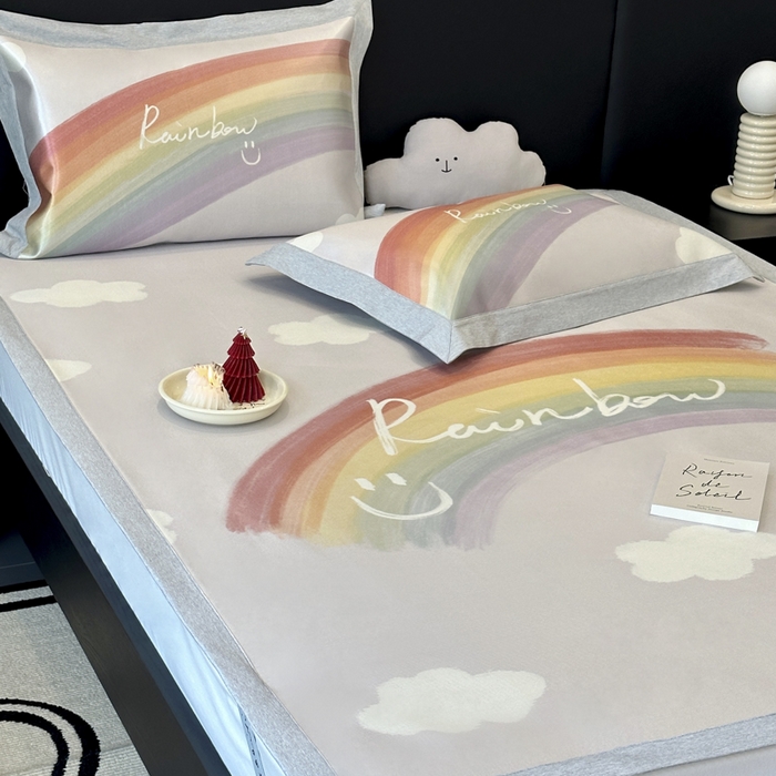 91家纺网 家纺一手货源 找家纺 JUICY 橘滋家纺 2024新款A类数码印花抑菌冰丝床席款床笠款软凉席套件 微笑彩虹（平席款）