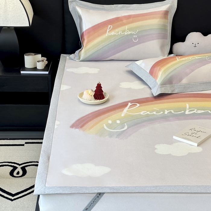 91家纺网 家纺一手货源 找家纺 JUICY 橘滋家纺 2024新款A类数码印花抑菌冰丝床席款床笠款软凉席套件 微笑彩虹（平席款）