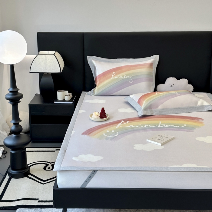 91家纺网 家纺一手货源 找家纺 JUICY 橘滋家纺 2024新款A类数码印花抑菌冰丝床席款床笠款软凉席套件 微笑彩虹（平席款）