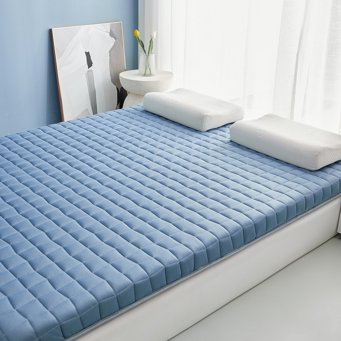 91家纺网 家纺一手货源 找家纺 祁恋婷家居 2024新款牛奶丝乳胶记忆棉床垫【床垫遮盖物】 格子蓝