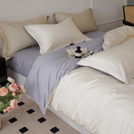 91家纺网 家纺一手货源 找家纺 新款绵柔软糯长绒棉拼色四件套 栀子蓝灰