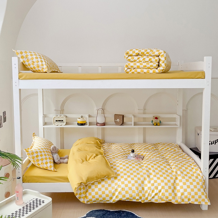 91家纺网 家纺一手货源 找家纺 楠沐家纺 2025新款无印风亲肤柔软水洗棉磨毛学生床四件套 棋盘格黄