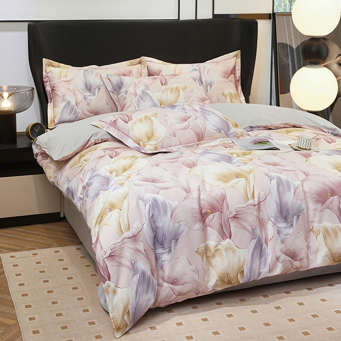 91家纺网 家纺一手货源 找家纺 雲归梦 2024新款全棉铂金棉数码印花四件套步步生莲 粉