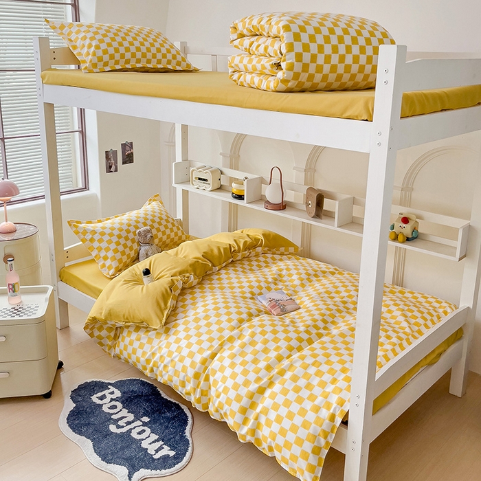 91家纺网 家纺一手货源 找家纺 楠沐家纺 2025新款无印风亲肤柔软水洗棉磨毛学生床四件套 棋盘格黄