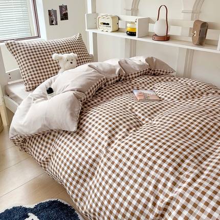 楠沐家纺 2025新款无印风亲肤柔软水洗棉磨毛学生床四件套 咖小格