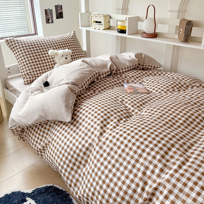 91家纺网 家纺一手货源 找家纺 楠沐家纺 2025新款无印风亲肤柔软水洗棉磨毛学生床四件套 咖小格