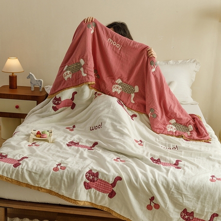 麻依 2024新款泡芙被夏季款五层纱布夏被夏凉被 樱桃猫