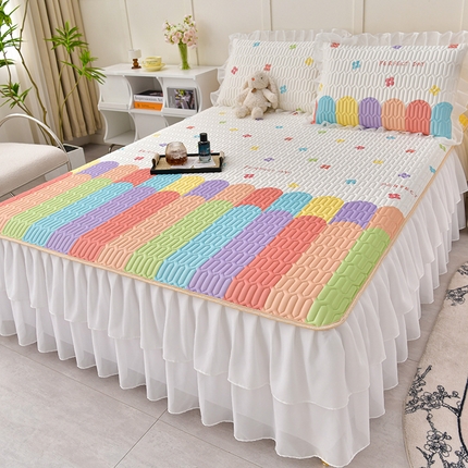 91家纺网 家纺一手货源 找家纺 民新 2024直播爆款韩版花边纯色小清新乳胶凉席床裙三件套 雨后彩虹