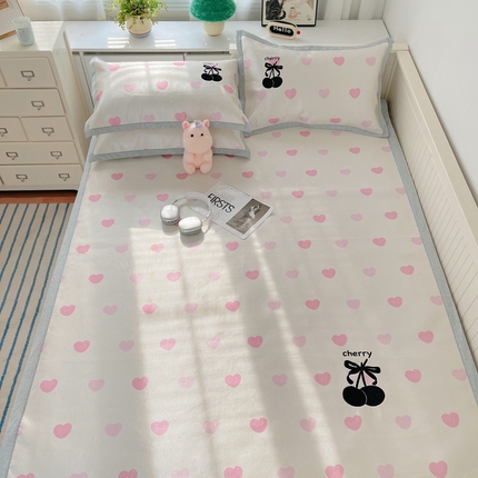 顾里家纺 2024新款Chic韩系数码印绣养生冰藤席凉席套件 粉爱心樱桃