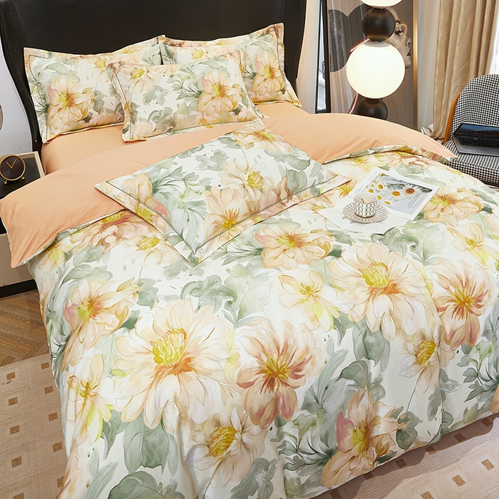 91家纺网 家纺一手货源 找家纺 雲归梦 2024新款全棉铂金棉数码印花四件套花的旅途 桔