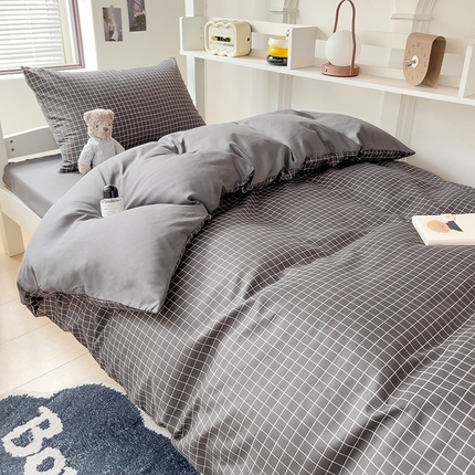 楠沐家纺 2025新款无印风亲肤柔软水洗棉磨毛学生床四件套 黑小格