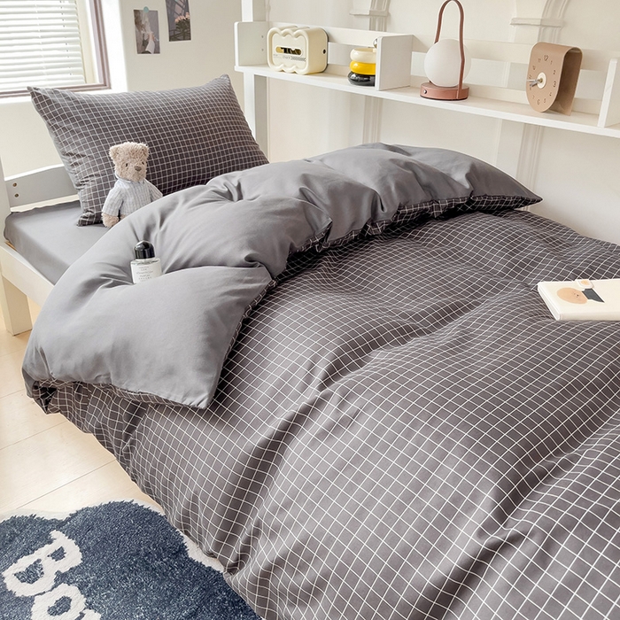 91家纺网 家纺一手货源 找家纺 楠沐家纺 2025新款无印风亲肤柔软水洗棉磨毛学生床四件套 黑小格