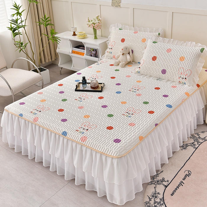 91家纺网 家纺一手货源 找家纺 民新 2024直播爆款韩版花边纯色小清新乳胶凉席床裙三件套 萌萌兔