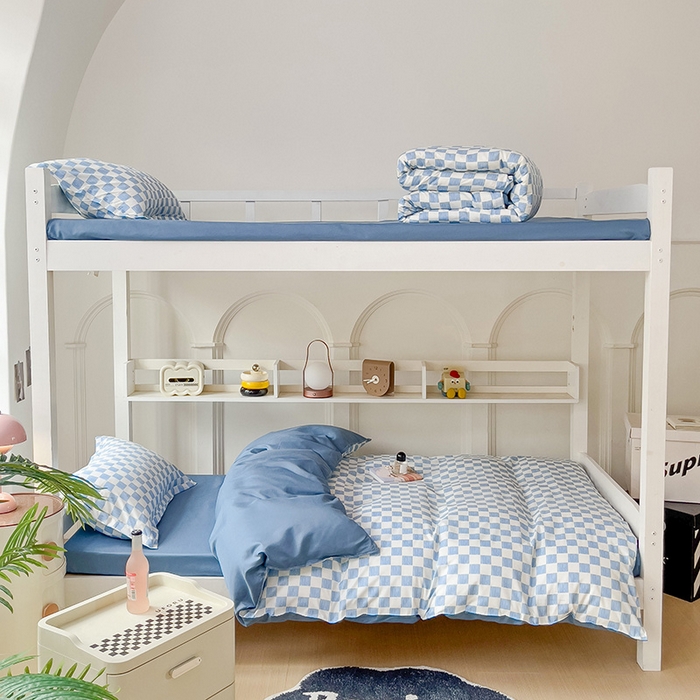 91家纺网 家纺一手货源 找家纺 楠沐家纺 2025新款无印风亲肤柔软水洗棉磨毛学生床四件套 棋盘格蓝