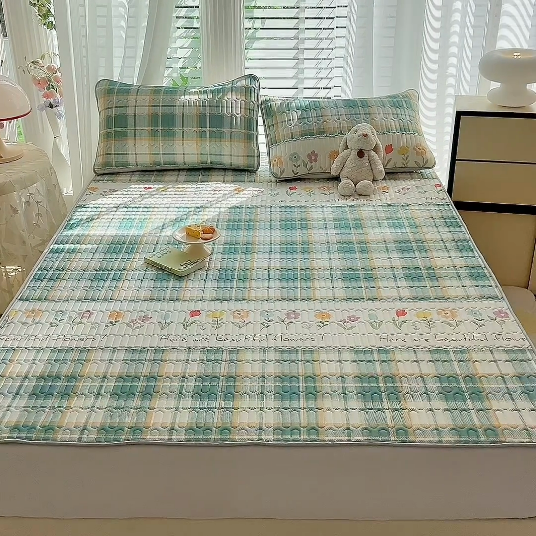 91家纺网 家纺一手货源 找家纺 佳梦达 新款0.4厚度纯色凉感丝乳胶凉席三件套（风格二） 一路生花