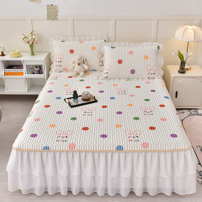 91家纺网 家纺一手货源 找家纺 民新 2024直播爆款韩版花边纯色小清新乳胶凉席床裙三件套 萌萌兔