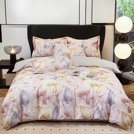 雲归梦 2024新款全棉铂金棉数码印花四件套步步生莲 粉