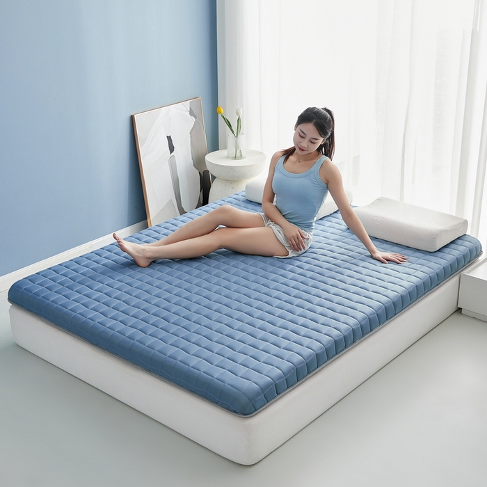 91家纺网 家纺一手货源 找家纺 祁恋婷家居 2024新款牛奶丝乳胶记忆棉床垫【床垫遮盖物】 格子蓝