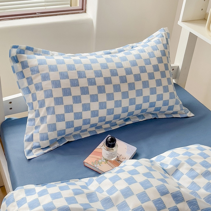 91家纺网 家纺一手货源 找家纺 楠沐家纺 2025新款无印风亲肤柔软水洗棉磨毛学生床四件套 棋盘格蓝