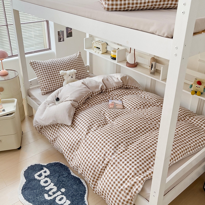 91家纺网 家纺一手货源 找家纺 楠沐家纺 2025新款无印风亲肤柔软水洗棉磨毛学生床四件套 咖小格