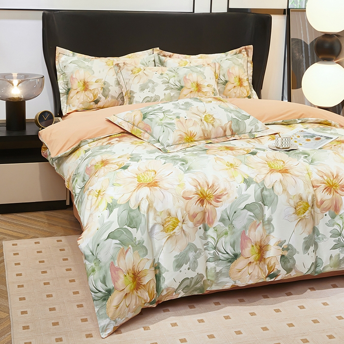 91家纺网 家纺一手货源 找家纺 雲归梦 2024新款全棉铂金棉数码印花四件套花的旅途 桔