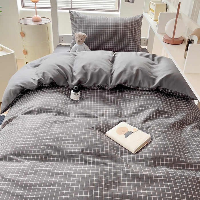 91家纺网 家纺一手货源 找家纺 楠沐家纺 2025新款无印风亲肤柔软水洗棉磨毛学生床四件套 黑小格