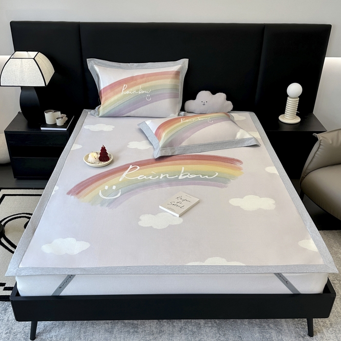 91家纺网 家纺一手货源 找家纺 JUICY 橘滋家纺 2024新款A类数码印花抑菌冰丝床席款床笠款软凉席套件 微笑彩虹（平席款）