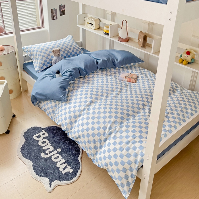 91家纺网 家纺一手货源 找家纺 楠沐家纺 2025新款无印风亲肤柔软水洗棉磨毛学生床四件套 棋盘格蓝