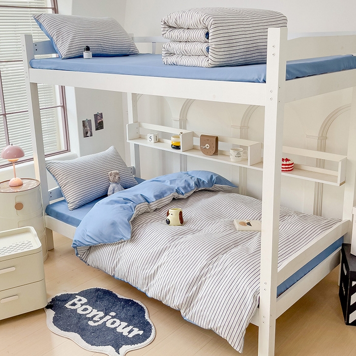 91家纺网 家纺一手货源 找家纺 楠沐家纺 2025新款无印风亲肤柔软水洗棉磨毛学生床四件套 白条蓝