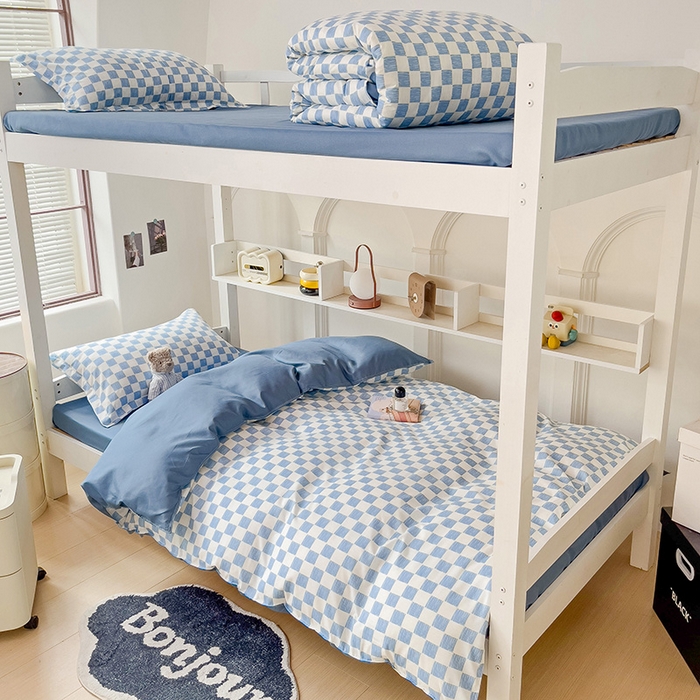 91家纺网 家纺一手货源 找家纺 楠沐家纺 2025新款无印风亲肤柔软水洗棉磨毛学生床四件套 棋盘格蓝