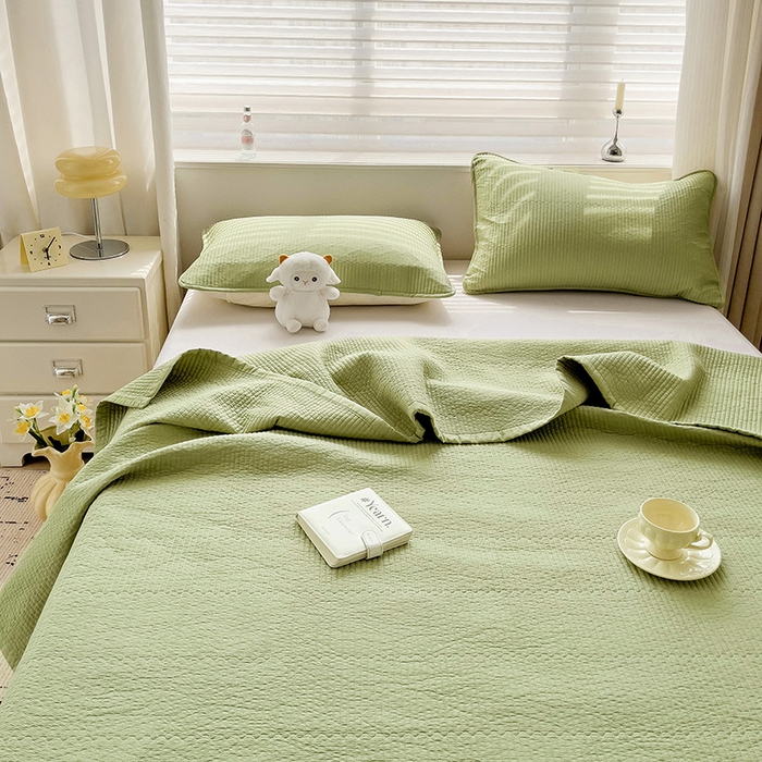 91家纺网 家纺一手货源 找家纺 羽爱家纺 2024新款双面纯色全棉水洗床盖 浅绿