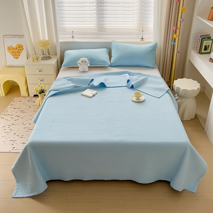 91家纺网 家纺一手货源 找家纺 羽爱家纺 2024新款双面纯色全棉水洗床盖 天蓝